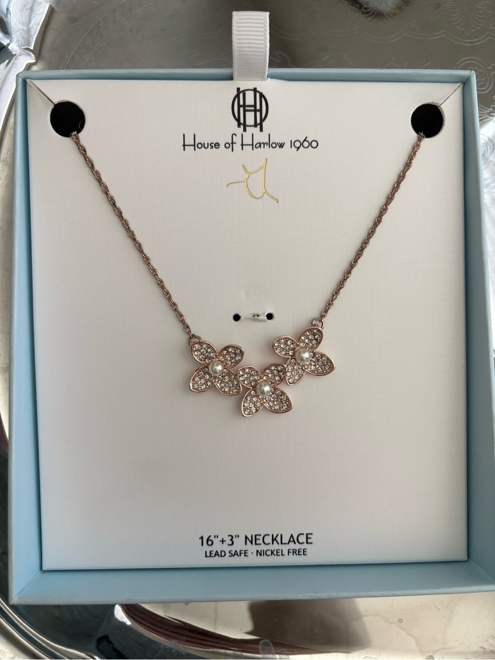 Charter Club Floral Crystal Necklace Pearl Detail Gold Tone 16” + Extender